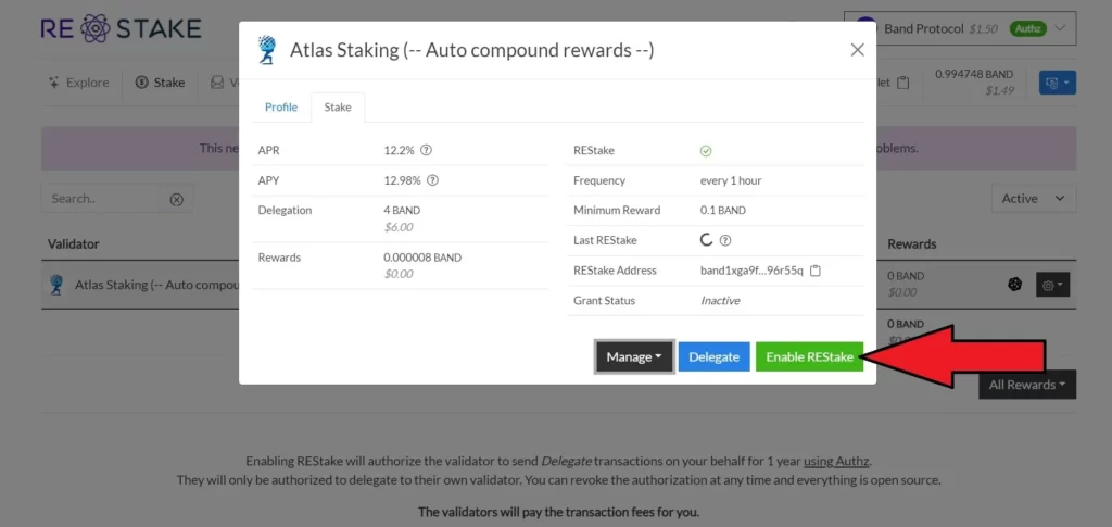 Are staking rewards automatically staked, What is auto compound staking, How often do you get rewards for staking, Are staking rewards compounded, Which is the highest paying auto staking & auto-compounding protocol, Is crypto staking compounded daily, What is the best staking platform, What are the best staking tokens, What is the daily compounding reward, What is the best auto compounding crypto, Is it better to compound daily or monthly, How can I earn daily compound interest, how to autocompound staking rewards, BAND validator, How to stake BAND tokens, The best BAND protocol validator, Where to stake BAND, Yieldmos, REstake app, Atlas Staking, enable REstake enable authz