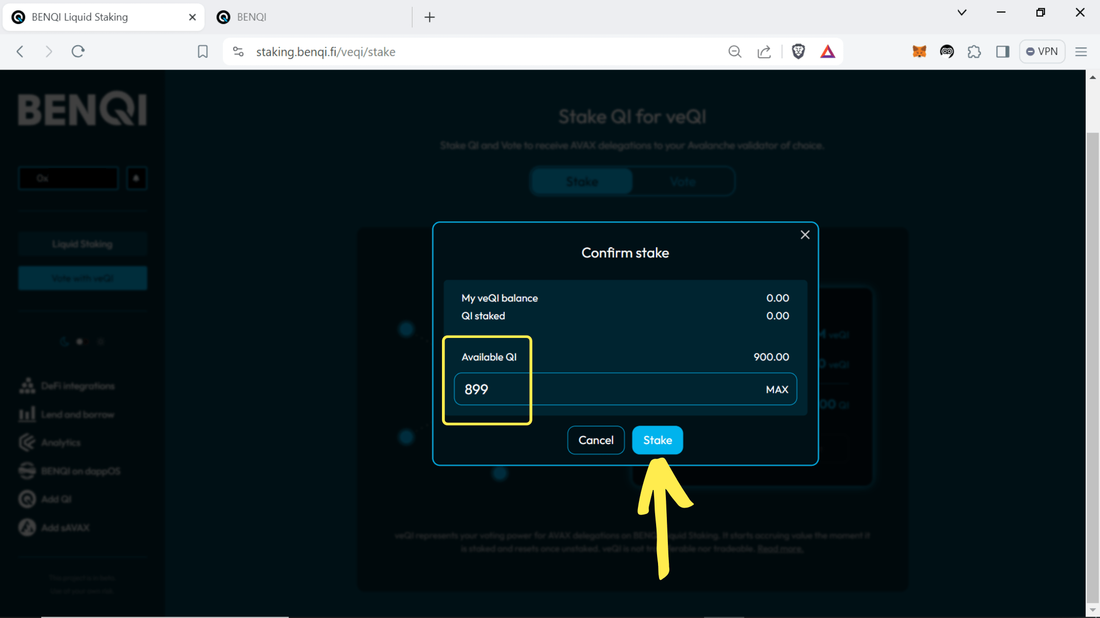 AVAX liquid staking, sAVAX tokens, Avalanche liquid staking, Benqi liquid staking, QI tokens, veQI tokens, how to stake QI tokens, why stake QI tokens, where to stake QI tokens, vote for AVAX validators, why vote with veQI, Metamask, Core wallet