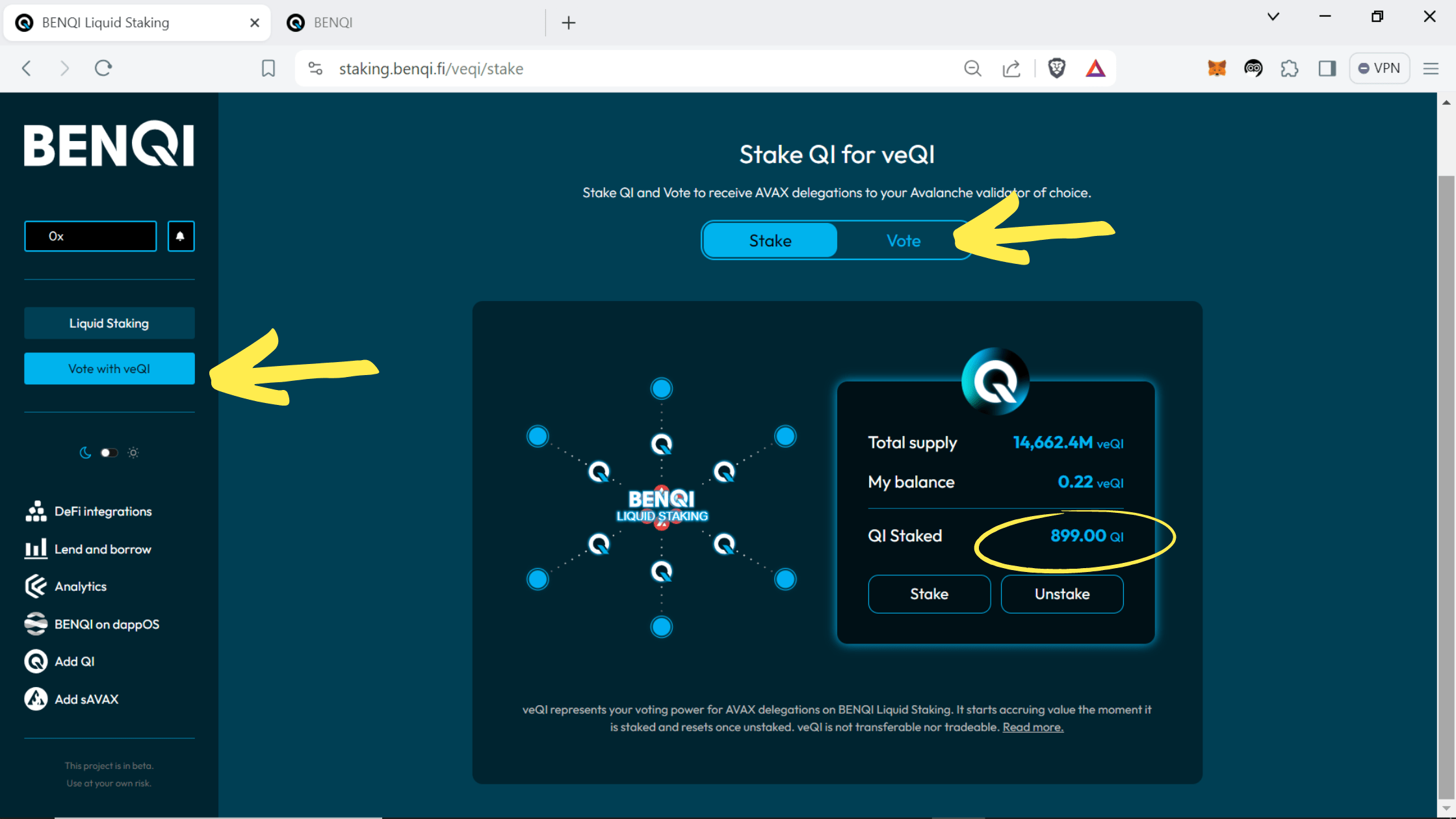 AVAX liquid staking, sAVAX tokens, Avalanche liquid staking, Benqi liquid staking, QI tokens, veQI tokens, how to stake QI tokens, why stake QI tokens, where to stake QI tokens, vote for AVAX validators, why vote with veQI, Metamask, Core wallet