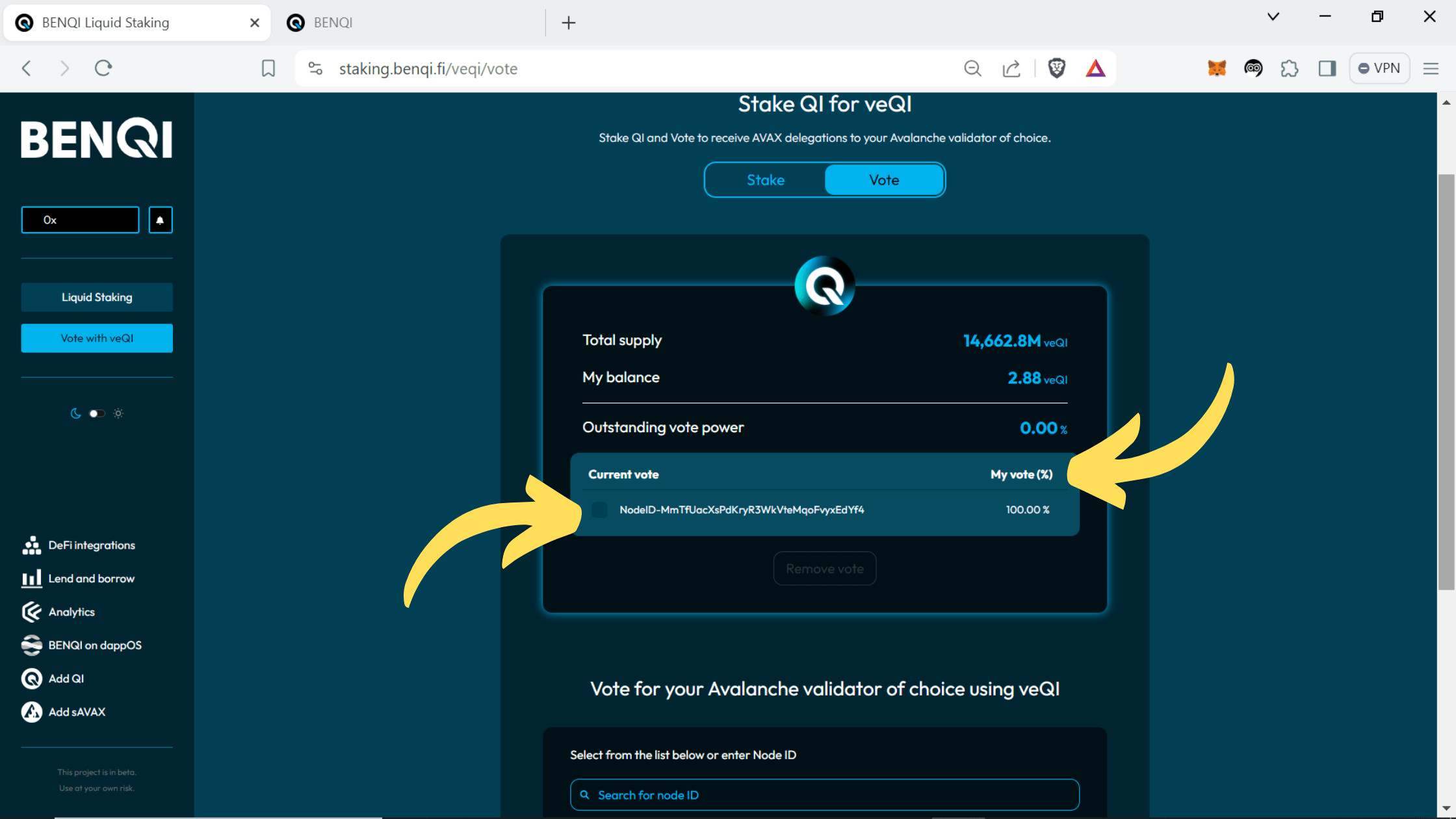 AVAX liquid staking, sAVAX tokens, Avalanche liquid staking, Benqi liquid staking, QI tokens, veQI tokens, how to stake QI tokens, why stake QI tokens, where to stake QI tokens, vote for AVAX validators, why vote with veQI, Metamask, Core wallet