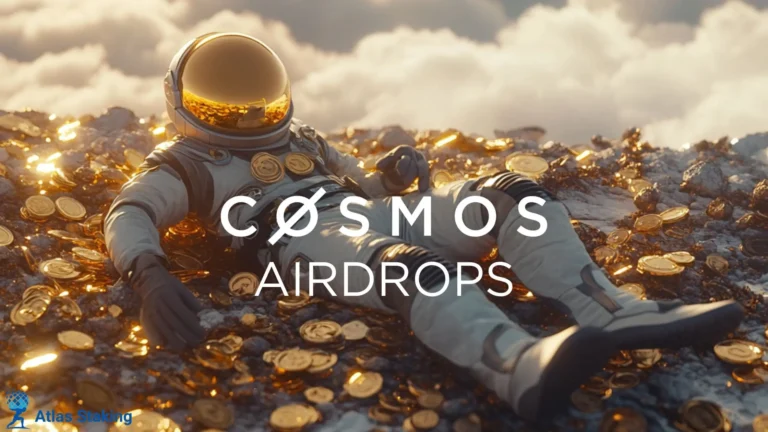 Astronaut resting on a hillside of gold Cosmos airdrop tokens