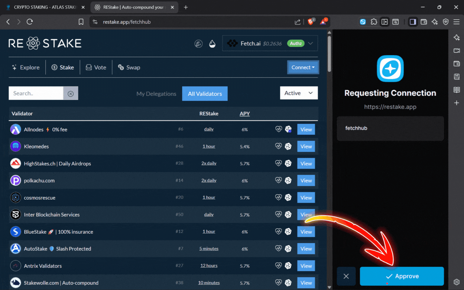 Are staking rewards automatically staked, What is auto compound staking, How often do you get rewards for staking, Are staking rewards compounded, Which is the highest paying auto staking & auto-compounding protocol, Is crypto staking compounded daily, What is the best staking platform, What are the best staking tokens, What is the daily compounding reward, What is the best auto compounding crypto, Is it better to compound daily or monthly, How can I earn daily compound interest, how to autocompound staking rewards, FET validator, FET restaking, How to stake FET tokens, The best FET protocol validator, Where to stake FET, REstake app, Atlas Staking