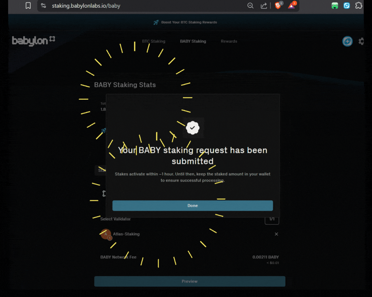 Babylon Staking, Babylon validator, staking BABY tokens, BTC staking Babylon finality provider, Babylon mainnet staking rewards, stake BABY tokens earn rewards, Bitcoin staking passive income, Babylon blockchain validator service, decentralized BTC staking platform, blockchain validator infrastructure, proof of stake validation service, secure cryptocurrency staking, institutional grade validator node, non-custodial Bitcoin staking, finality provider Babylon network, delegated proof of stake rewards, self-sovereign Bitcoin custody solution, crypto staking investment strategy, blockchain delegation for investors, financial independence cryptocurrency staking, long-term Bitcoin yield generation, decentralized finance validator partner, Atlas Staking validator commission rates, Babylon ecosystem staking guide, secure digital asset delegation, cryptocurrency passive rewards earning, https://staking.babylonlabs.io/btc, Keplr wallet, Keplr extension