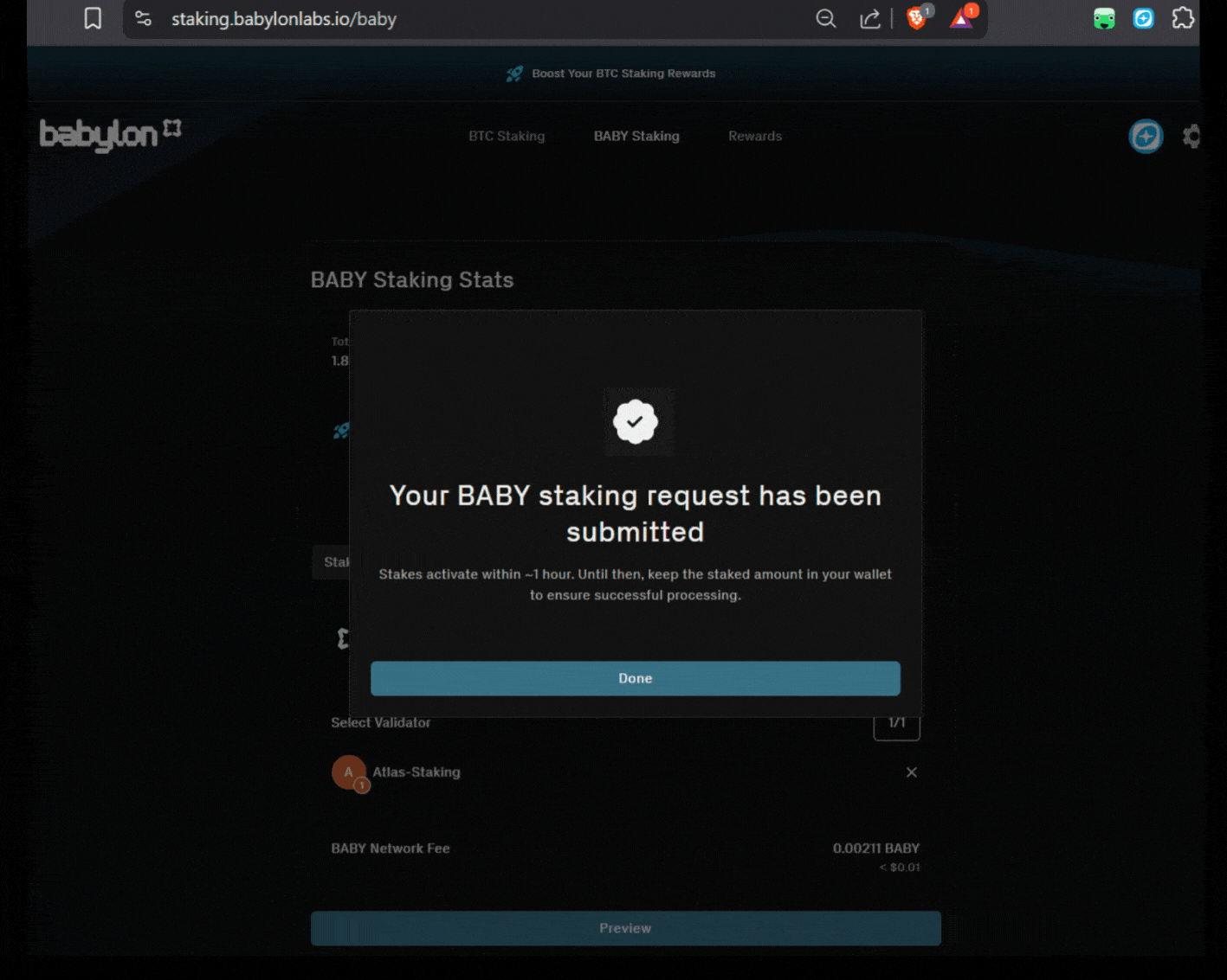 Babylon Staking, Babylon validator, staking BABY tokens, BTC staking Babylon finality provider, Babylon mainnet staking rewards, stake BABY tokens earn rewards, Bitcoin staking passive income, Babylon blockchain validator service, decentralized BTC staking platform, blockchain validator infrastructure, proof of stake validation service, secure cryptocurrency staking, institutional grade validator node, non-custodial Bitcoin staking, finality provider Babylon network, delegated proof of stake rewards, self-sovereign Bitcoin custody solution, crypto staking investment strategy, blockchain delegation for investors, financial independence cryptocurrency staking, long-term Bitcoin yield generation, decentralized finance validator partner, Atlas Staking validator commission rates, Babylon ecosystem staking guide, secure digital asset delegation, cryptocurrency passive rewards earning, https://staking.babylonlabs.io/btc, Keplr wallet, Keplr extension