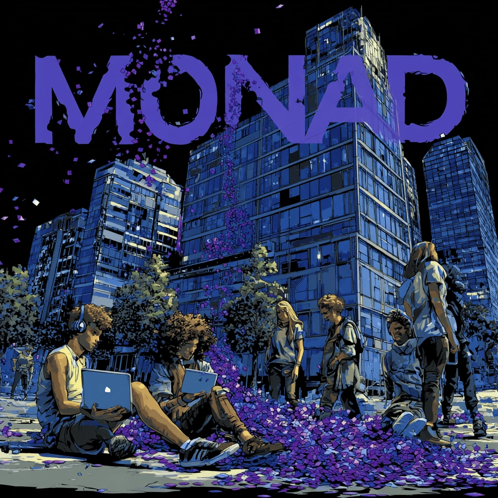 Illustration of a developer at a laptop building EVM smart contracts for Monad dApps