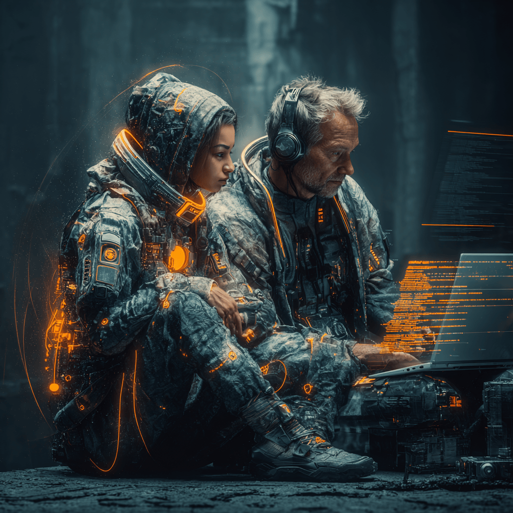 Technology artwork showing AI agents coordinating programmable IP and royalties on Story Protocol