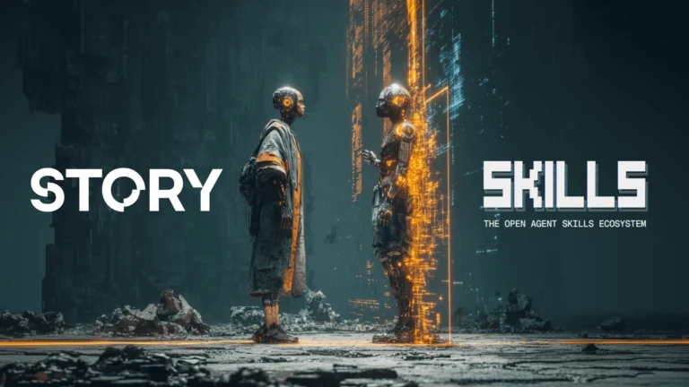 Futuristic artwork of robot assistant helping creator manage tokenized IP on Story Protocol