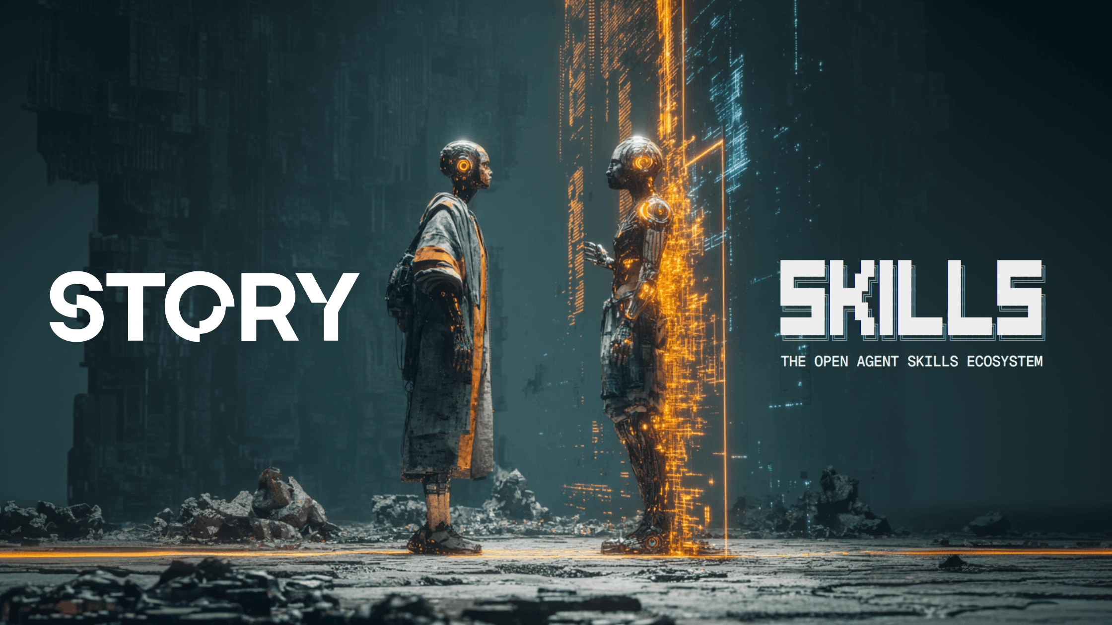 Futuristic artwork of robot assistant helping creator manage tokenized IP on Story Protocol