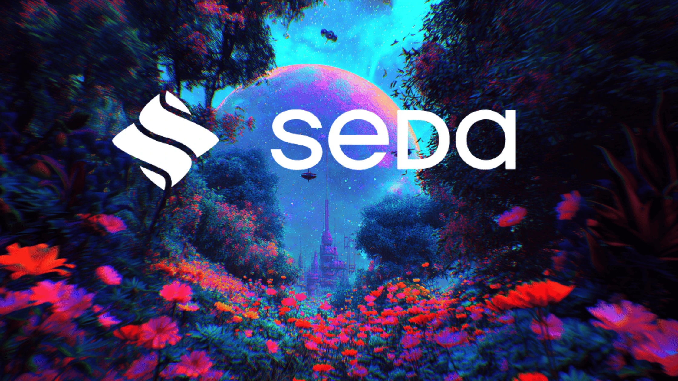 Dual world image of physical city and digital planet linked by light bridges illustrating Seda bringing everything onchain