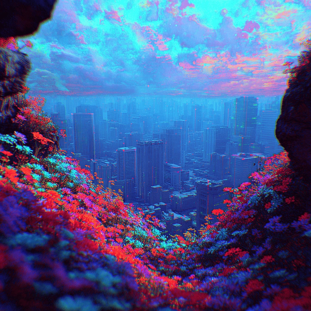 Bright neon flowers and robots inside a SEDA blockchain data center, representing programmable oracle programs, validators, and multi‑chain DeFi integrations