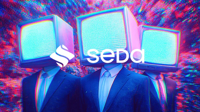 High‑tech SEDA computer network world with bright flowers and AI robots, depicting programmable oracles, validator reliability, and internet‑on‑chain innovation
