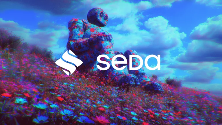 Colorful cybernetic garden of robots and flowers connected by SEDA network nodes, illustrating on‑chain data, oracle security, and institutional‑grade infrastructure