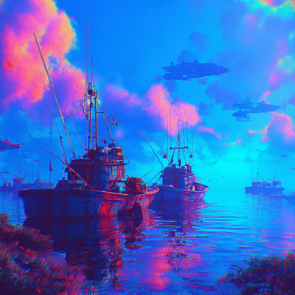 Futuristic SEDA network fishing boats on a digital ocean, representing data fishing from APIs, secure oracle programs, and reliable on‑chain information for treasuries