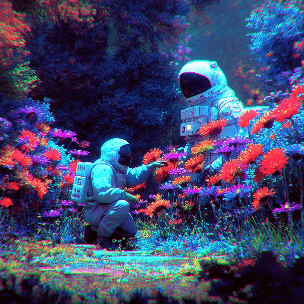 Futuristic robot gardener tending to digital flowers as a metaphor for Seda maintaining healthy oracle networks