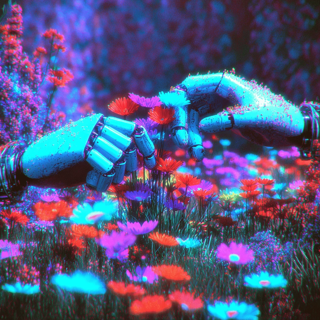 Robotic hand holding a luminous flower representing harmony between Seda protocol technology and user friendly design