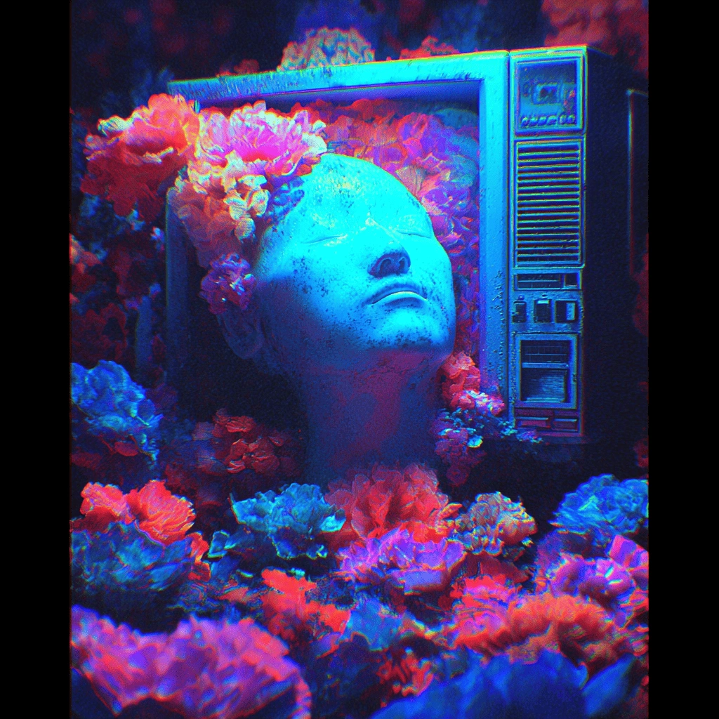 Neon data river flowing through a cosmic garden of AI flowers representing Seda streaming real time data to smart contracts