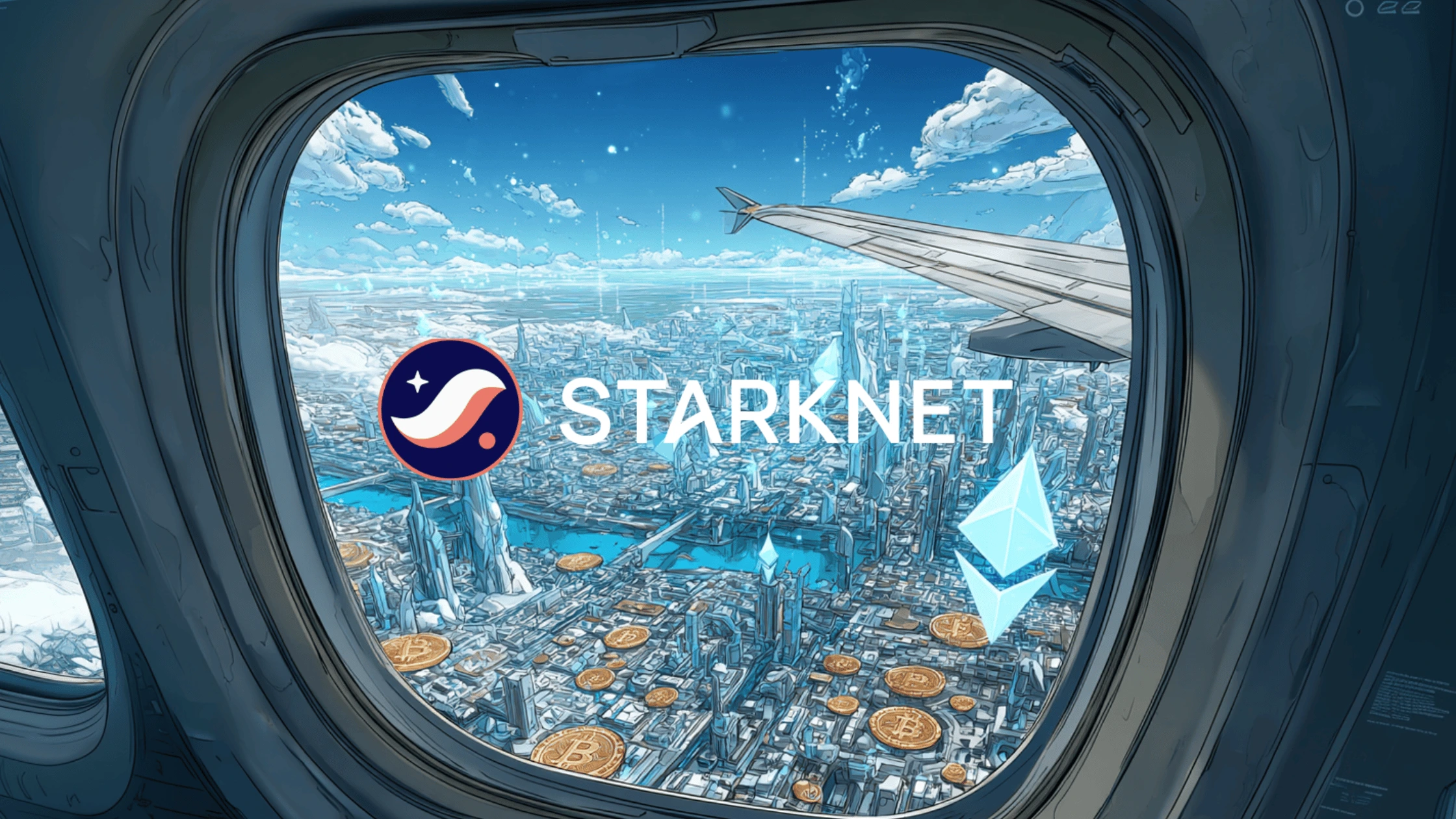 airplane overlooking a digital skyline — reflecting the energy of Starknet’s March 2026 growth.