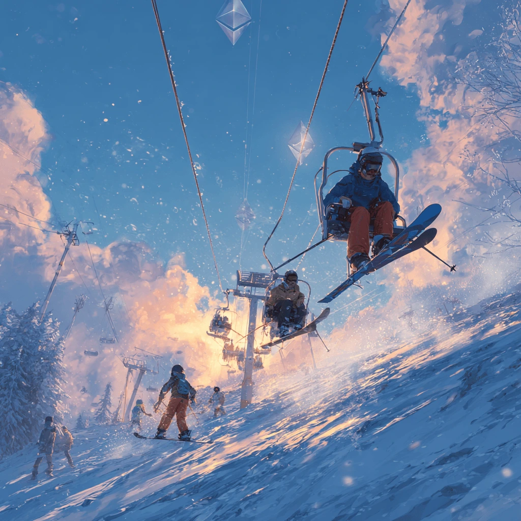 A diverse group of young innovators collaborating on laptops in a neon-lit Starknet ski run, symbolizing DeFi and open source building.