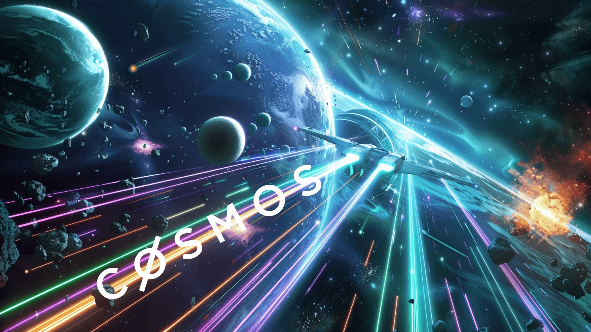 Sci‑fi space battle with a sleek spacecraft, neon laser trails, and a distant planet amid floating asteroids and cosmic light; 'COSMOS' text visible.
