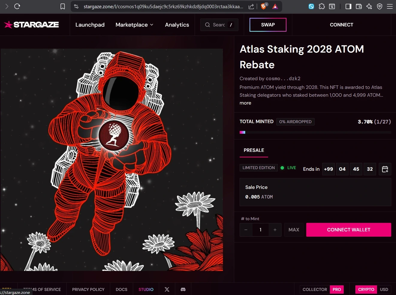 Atlas Staking 2028 ATOM commission rebate NFT