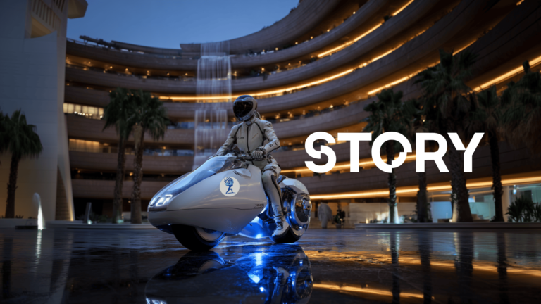 story protocol tokenized intellectual property AI agent on a futuristic motorcycle