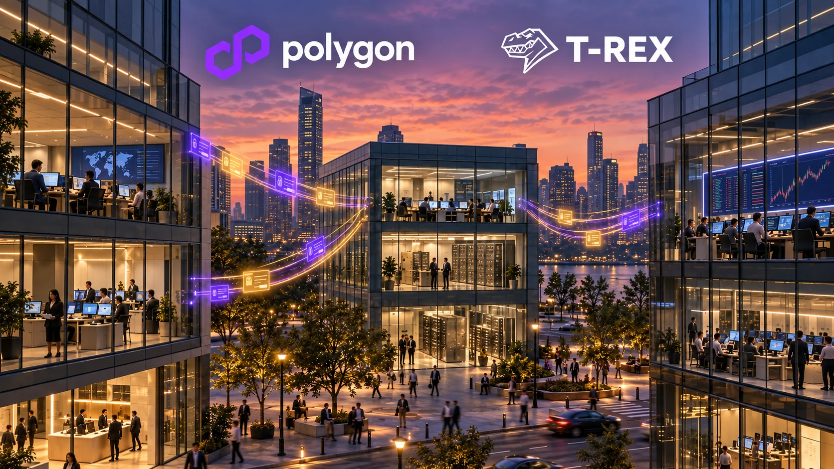 Glass office towers at dusk with glowing violet and gold data streams linking them, under the Polygon and T-REX logos