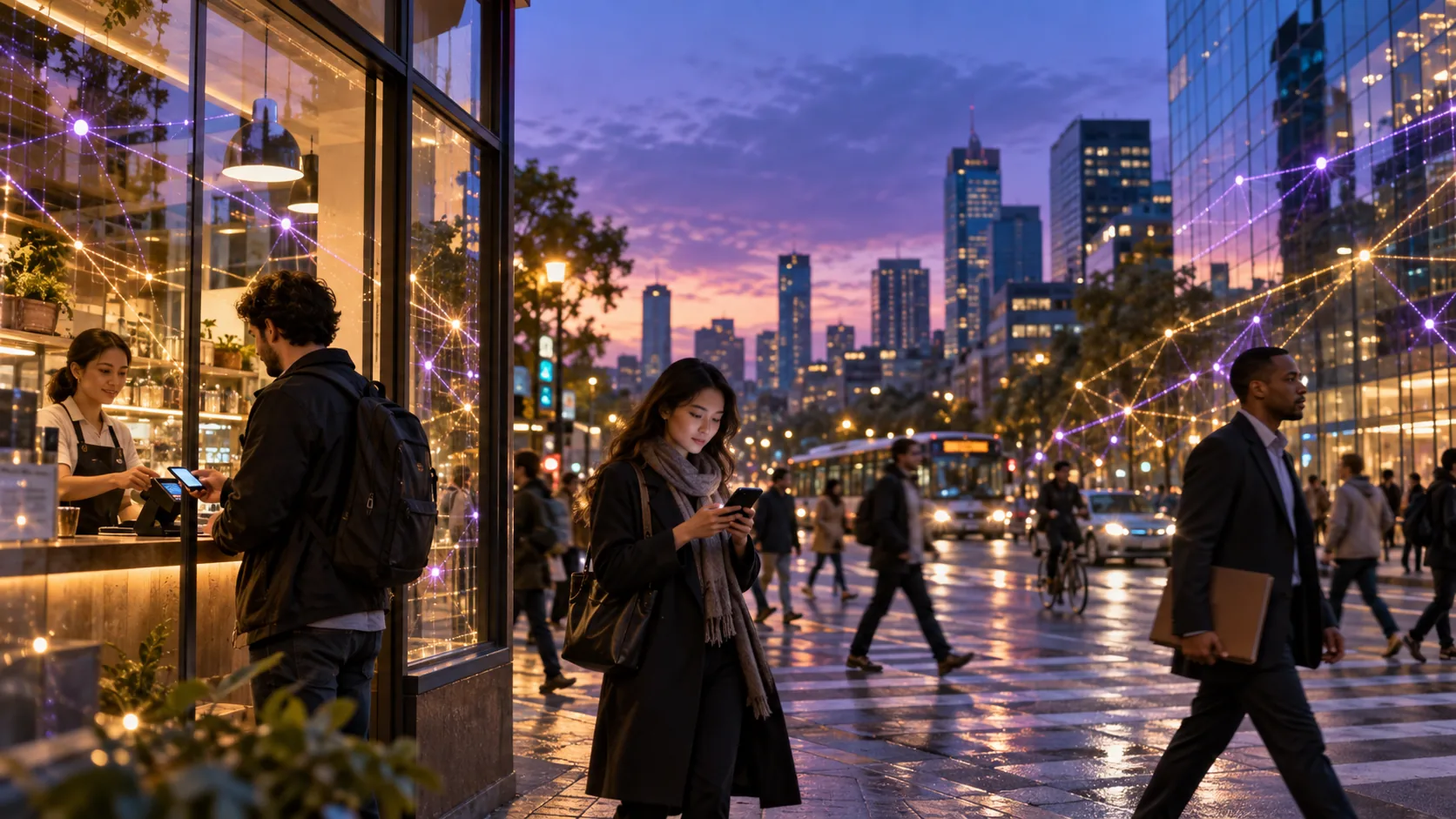 A busy city street at dusk where people pay and check their phones while a glowing violet network of lines connects the storefronts and office towers around them