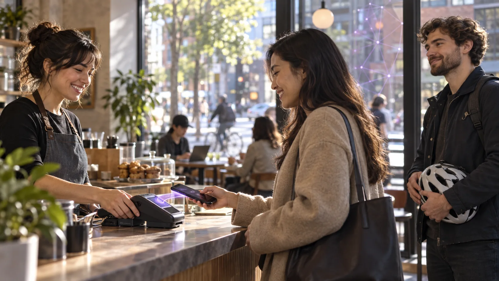 A woman pays for her order at a sunny cafe counter by tapping her phone on a card terminal, a faint violet glow showing the payment settling onchain