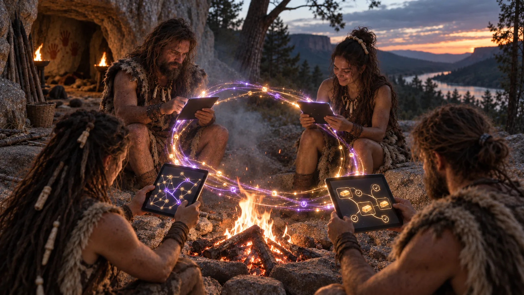 Four cave people around a campfire at dusk holding glowing tablets, with violet streams of light looping between them to show money and assets moving onchain