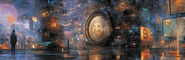 A lone figure looks up at a towering bitcoin coin in a rain slicked city built of circuitry and glowing screens