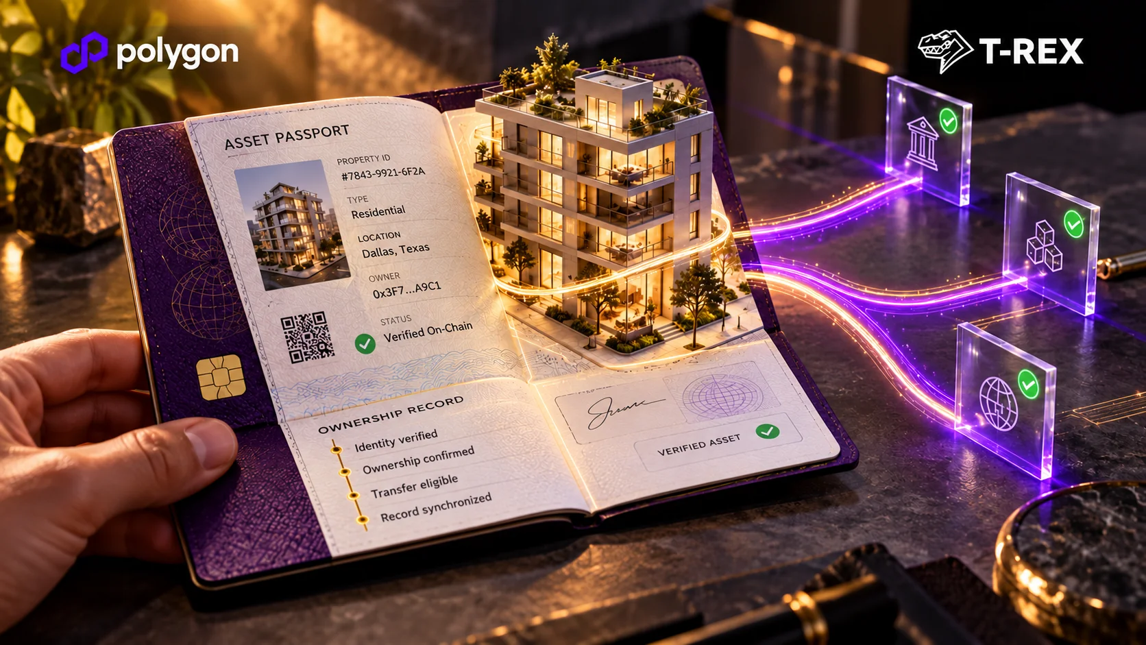 An apartment model rises from an asset passport, with violet and gold routes carrying its verified ownership record across networks.