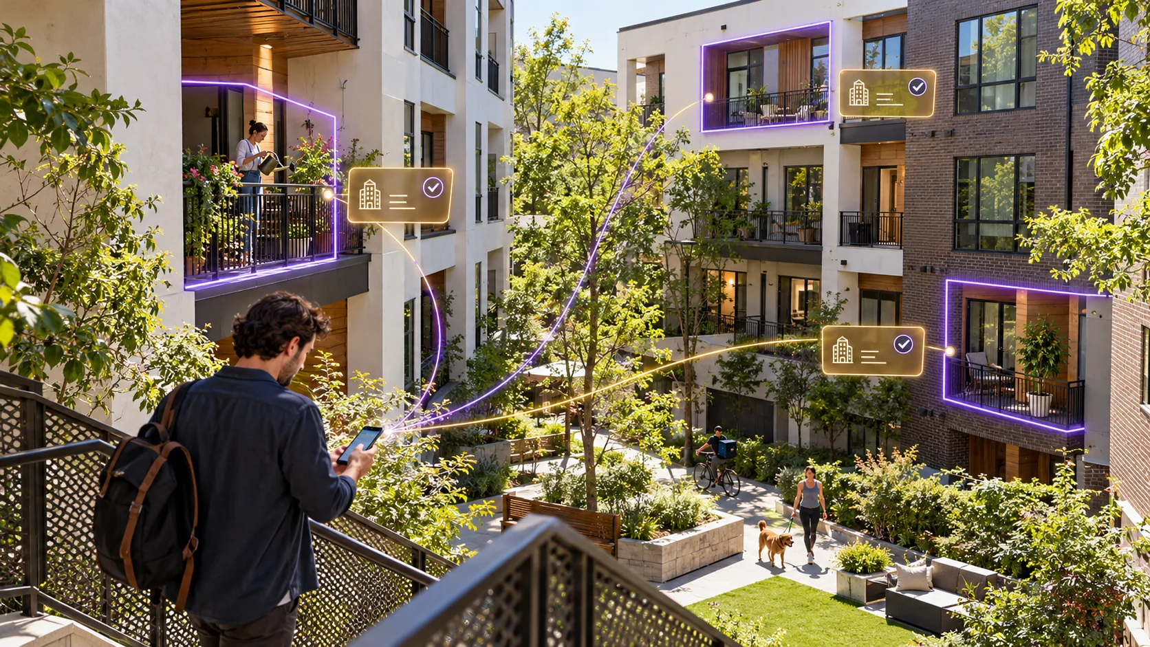 A man on a balcony walkway of a sunlit apartment courtyard looks at his phone while violet and gold lines connect glowing ownership records attached to individual units