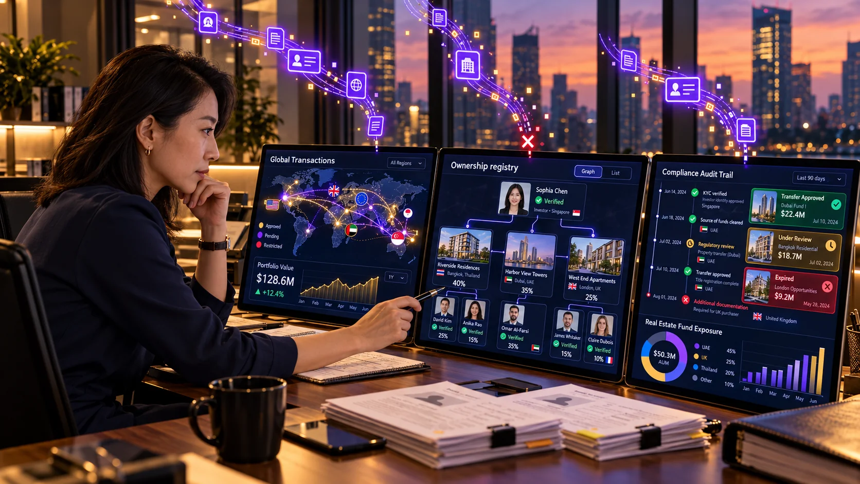An analyst at a three screen desk reviews an ownership registry showing verified investors, their percentage holdings across properties in several countries, and a compliance audit trail of approved, pending and expired transfers