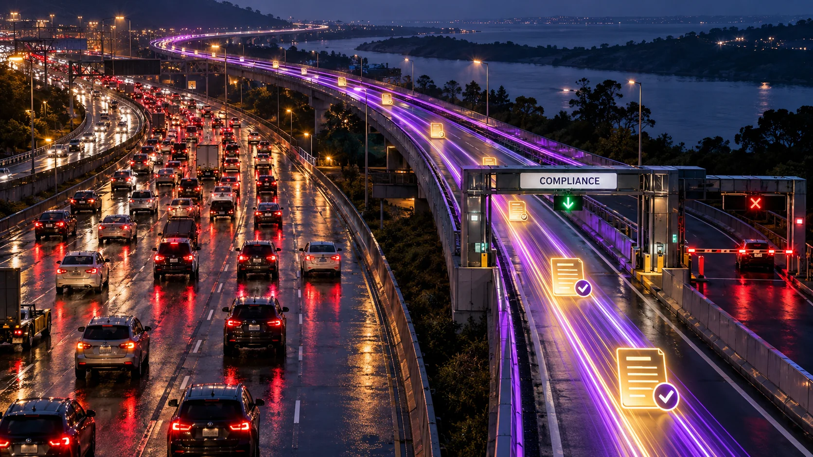 A gridlocked highway at night beside a clear dedicated lane marked COMPLIANCE, where verified ownership records move freely under a green arrow while a red X closes the lane to everything else