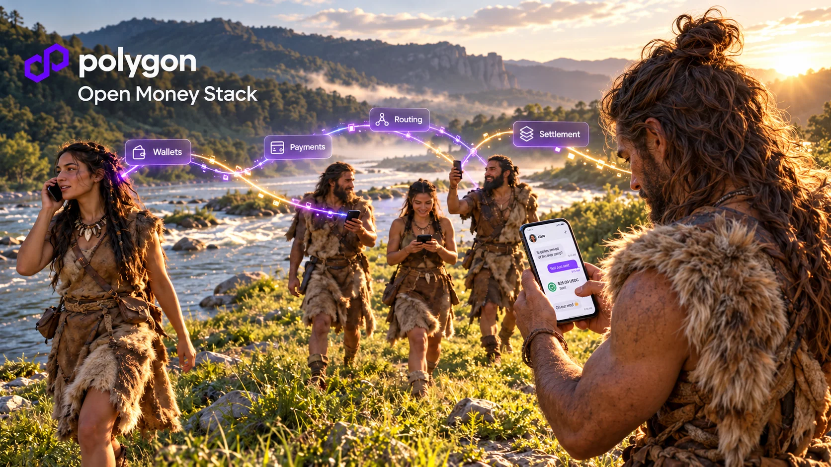 Cave people by a river at sunrise sending money on their phones, with the Polygon Open Money Stack logo and glowing links labeled Wallets, Payments, Routing and Settlement arcing between them